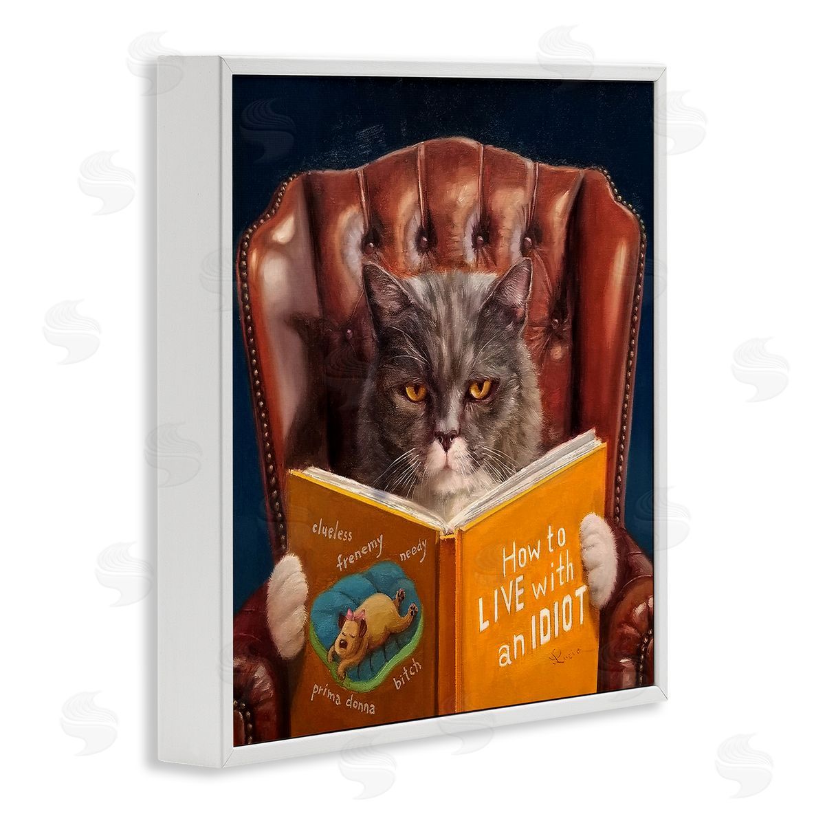 Funny Cat Reading Dog Book White Frame Print Wall Art, Home Decor by Lucia Heffernan