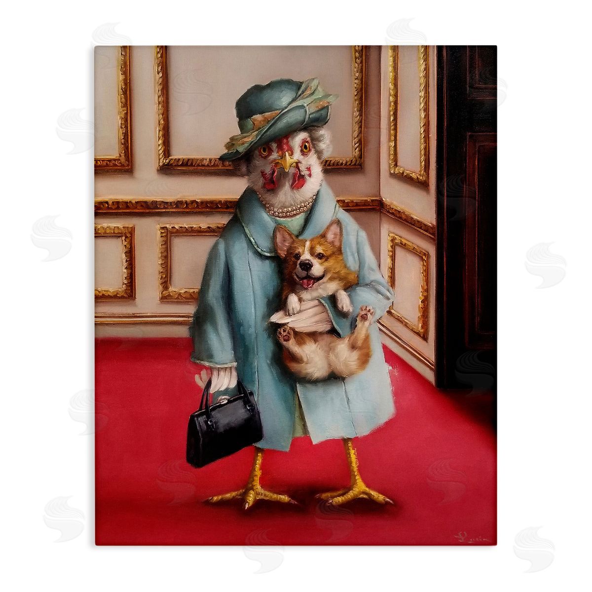 Queen Chicken with Corgi Regal Animals Canvas Wall Art, Home Decor by Lucia Heffernan