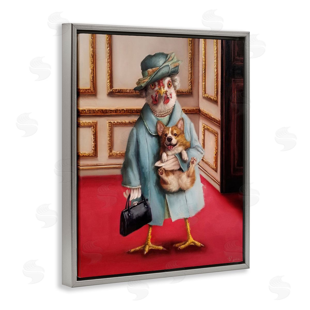 Queen Chicken with Corgi Regal Animals Grey Floating Frame Canvas Wall Art, Home Decor by Lucia Heffernan