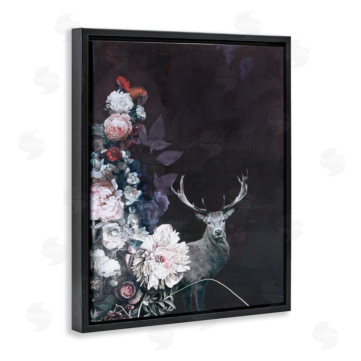 Floral Arrangement and Elk Black Floating Frame Canvas Wall Art, Home Decor by Design Fabrikken