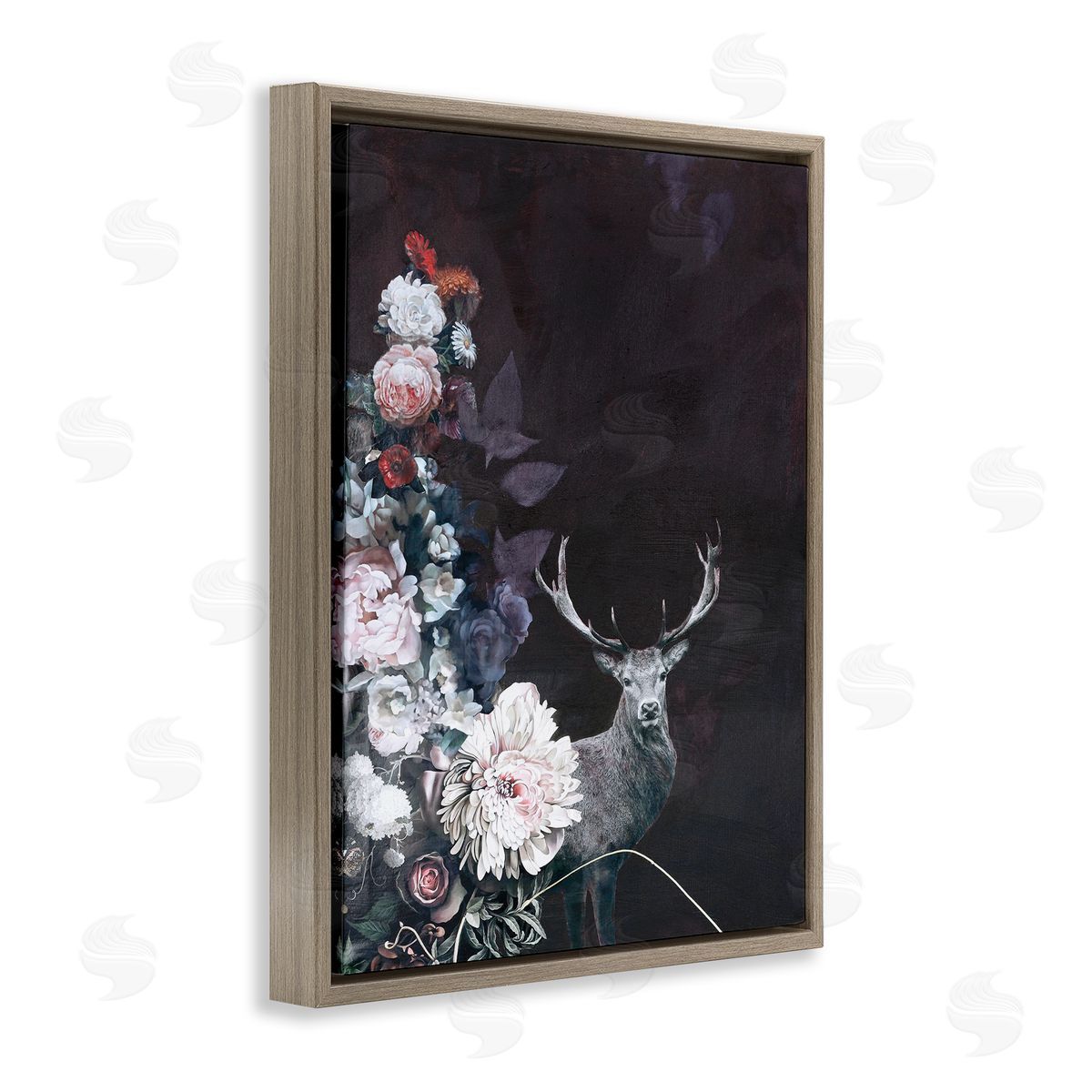 Floral Arrangement and Elk Brown Floating Frame Canvas Wall Art, Home Decor by Design Fabrikken