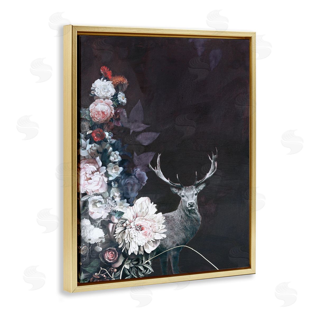 Floral Arrangement and Elk Gold Floating Frame Canvas Wall Art, Home Decor by Design Fabrikken
