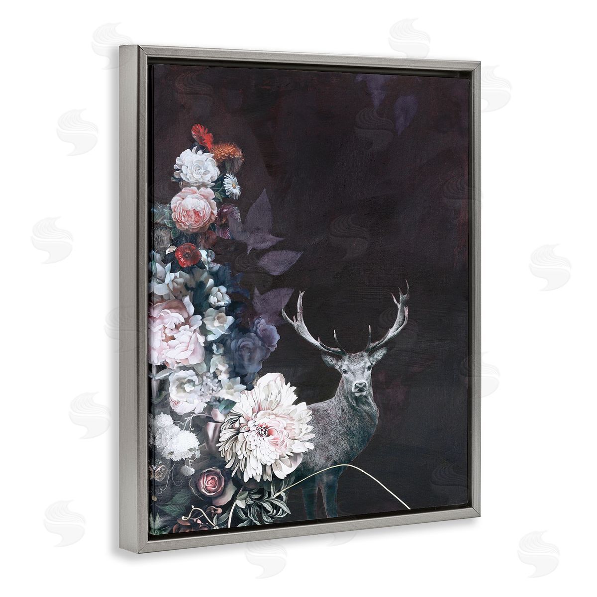 Floral Arrangement and Elk Grey Floating Frame Canvas Wall Art, Home Decor by Design Fabrikken