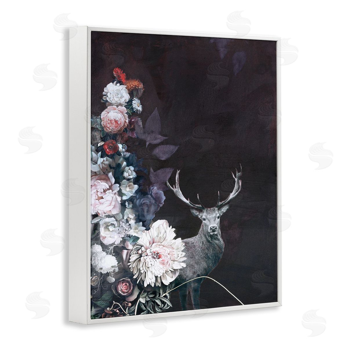 Floral Arrangement and Elk White Frame Print Wall Art, Home Decor by Design Fabrikken