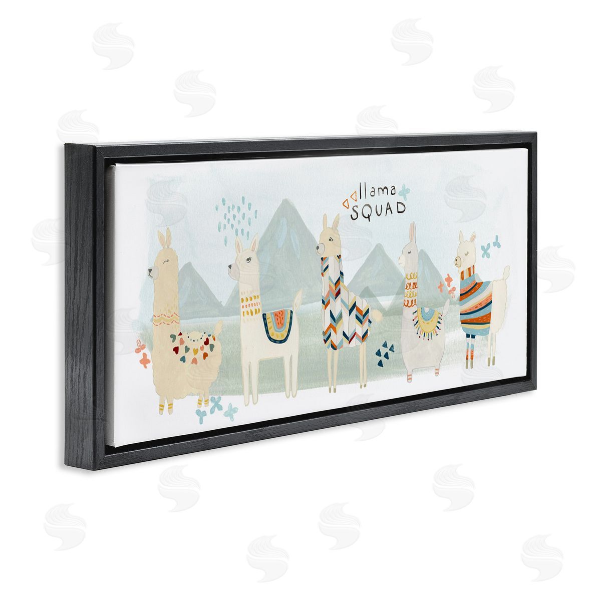 Llama Squad Whimsical Patterns Black Floating Frame Canvas Wall Art, Home Decor by June Erica Vess