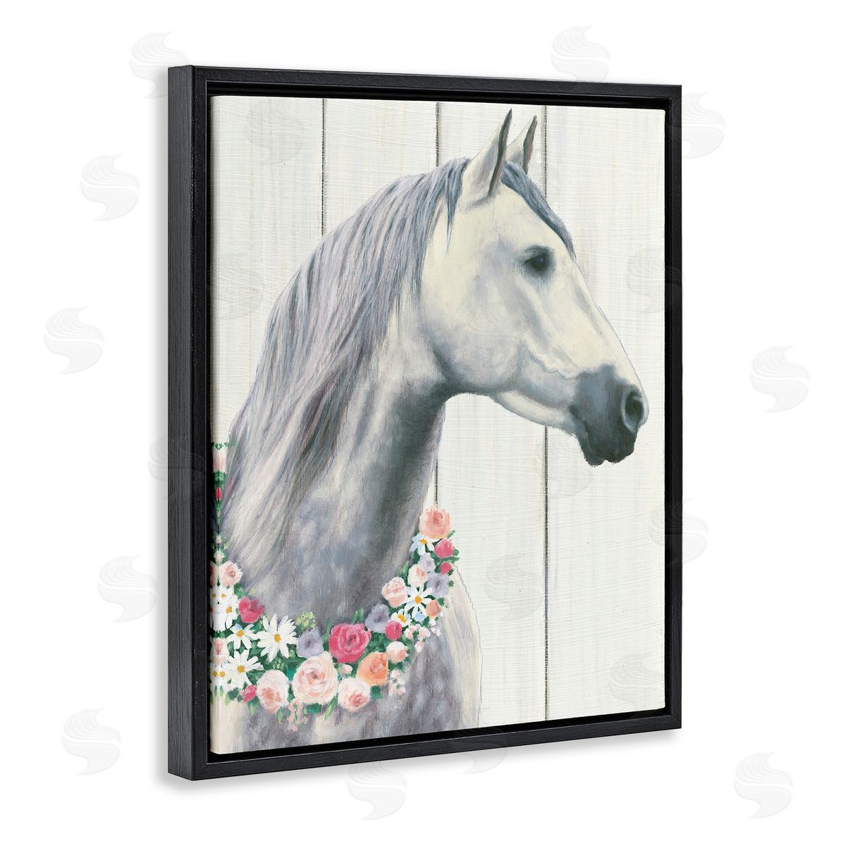 Spirit Stallion with Flowers Black Floating Frame Canvas Wall Art, Home Decor by James Wiens