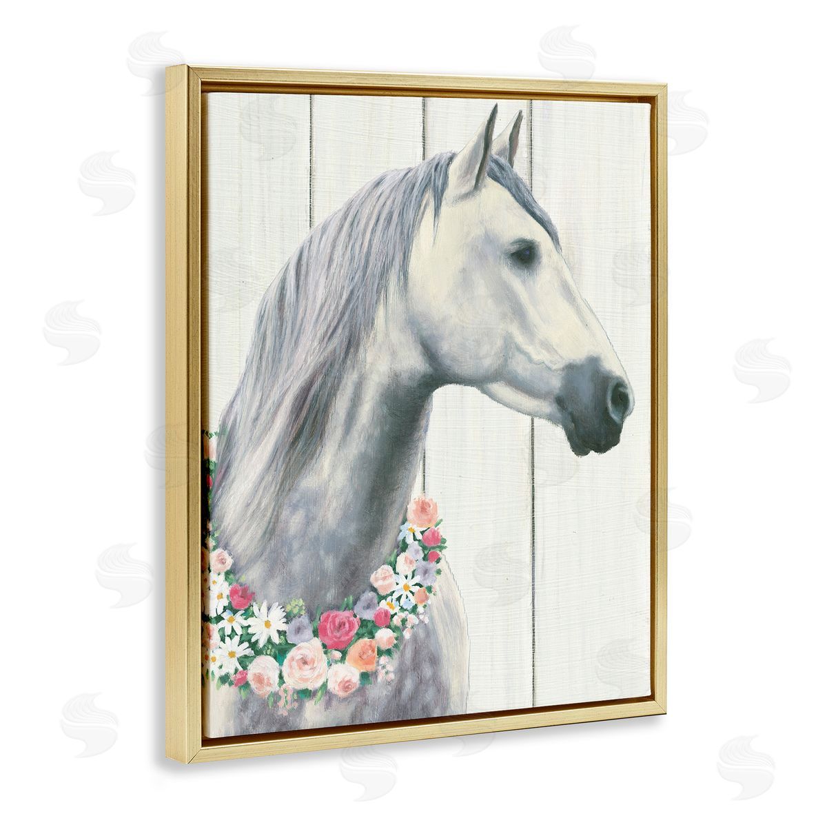Spirit Stallion with Flowers Gold Floating Frame Canvas Wall Art, Home Decor by James Wiens