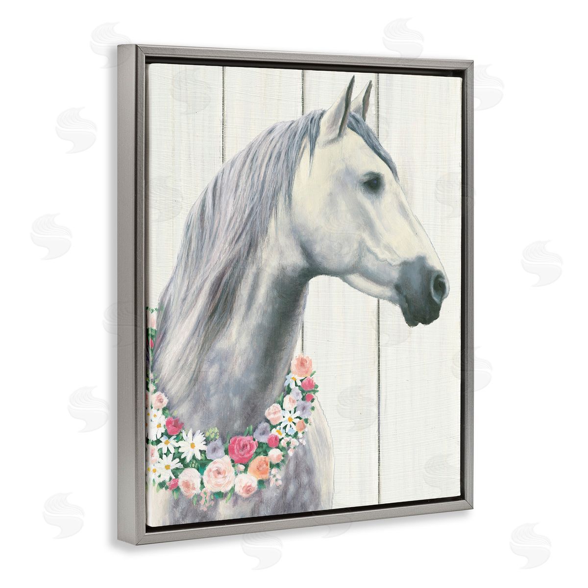Spirit Stallion with Flowers Grey Floating Frame Canvas Wall Art, Home Decor by James Wiens