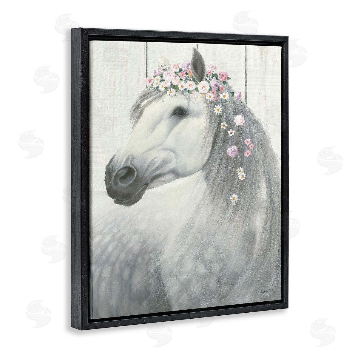 Spirit Horse with Flowers Black Floating Frame Canvas Wall Art, Home Decor by James Wiens