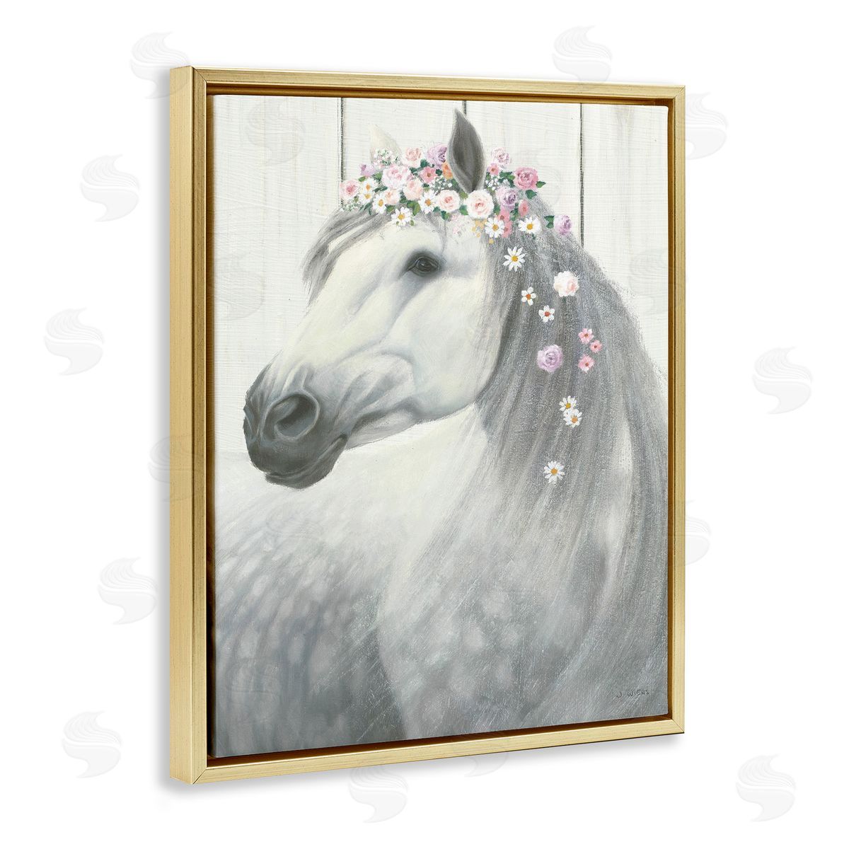 Spirit Horse with Flowers Gold Floating Frame Canvas Wall Art, Home Decor by James Wiens