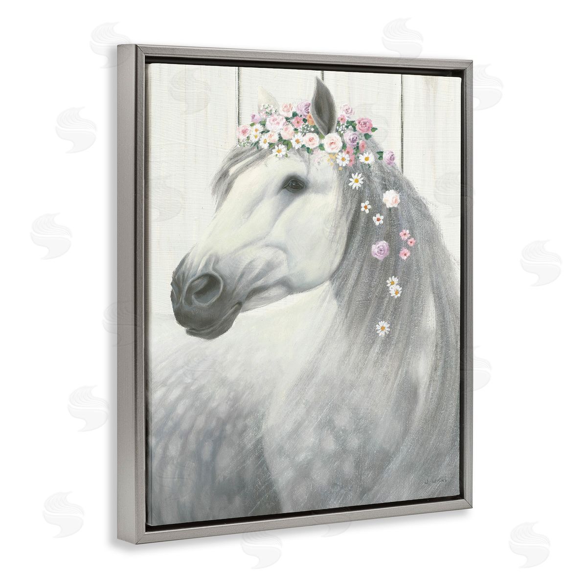 Spirit Horse with Flowers Grey Floating Frame Canvas Wall Art, Home Decor by James Wiens