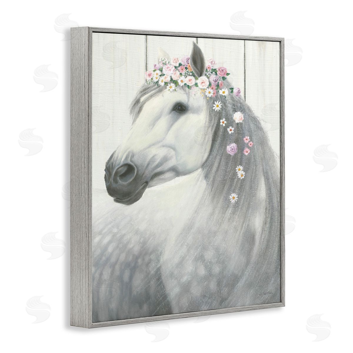Spirit Horse with Flowers Grey Frame Print Wall Art, Home Decor by James Wiens
