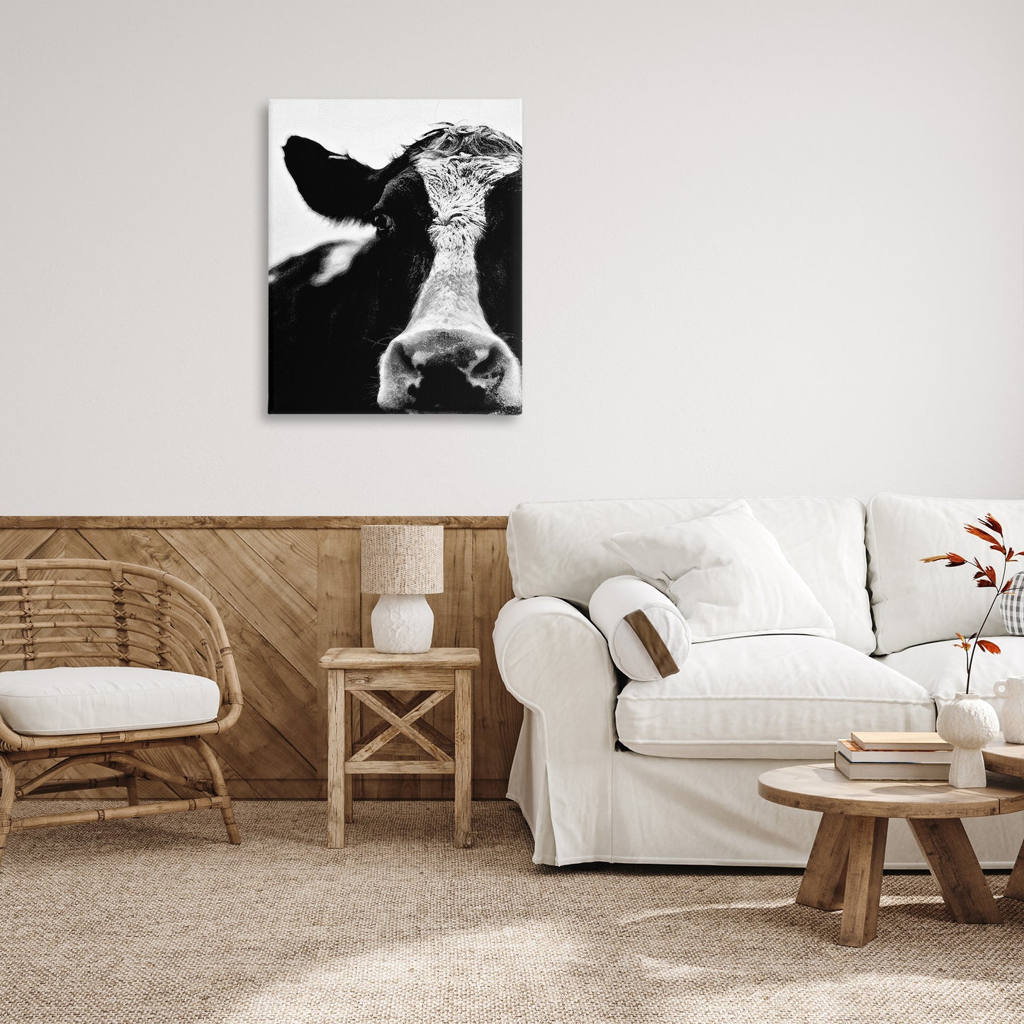 Cow Face Portrait Canvas Wall Art in Room, Home Decor by Lettered and Lined