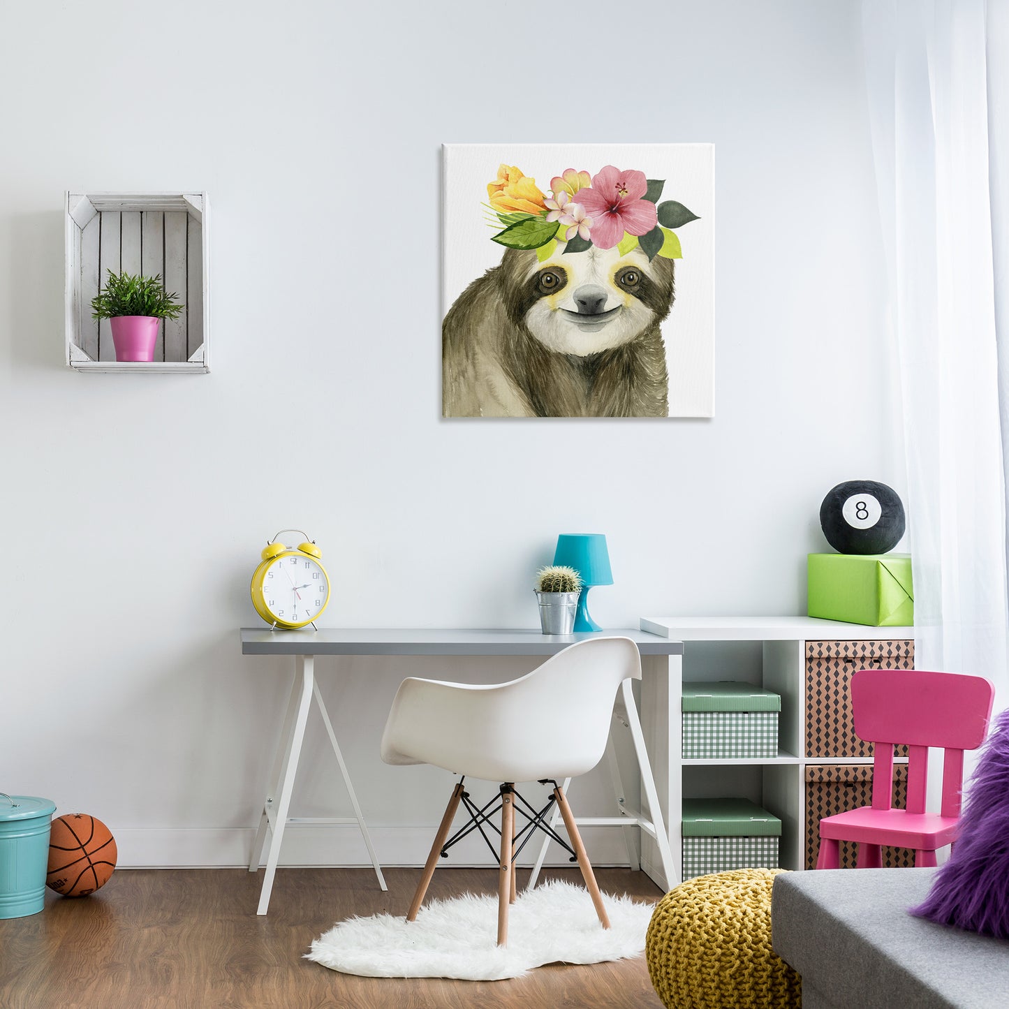 Smiling Sloth in Flower Crown Canvas Wall Art in Room, Home Decor by Grace Popp