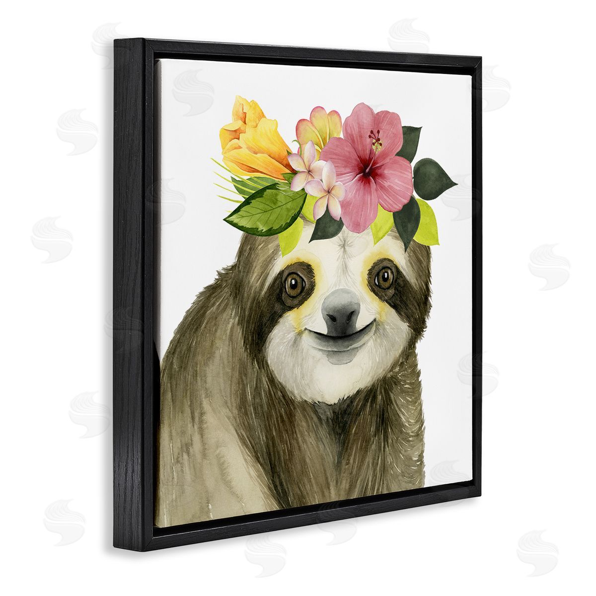 Smiling Sloth in Flower Crown Black Floating Frame Canvas Wall Art, Home Decor by Grace Popp