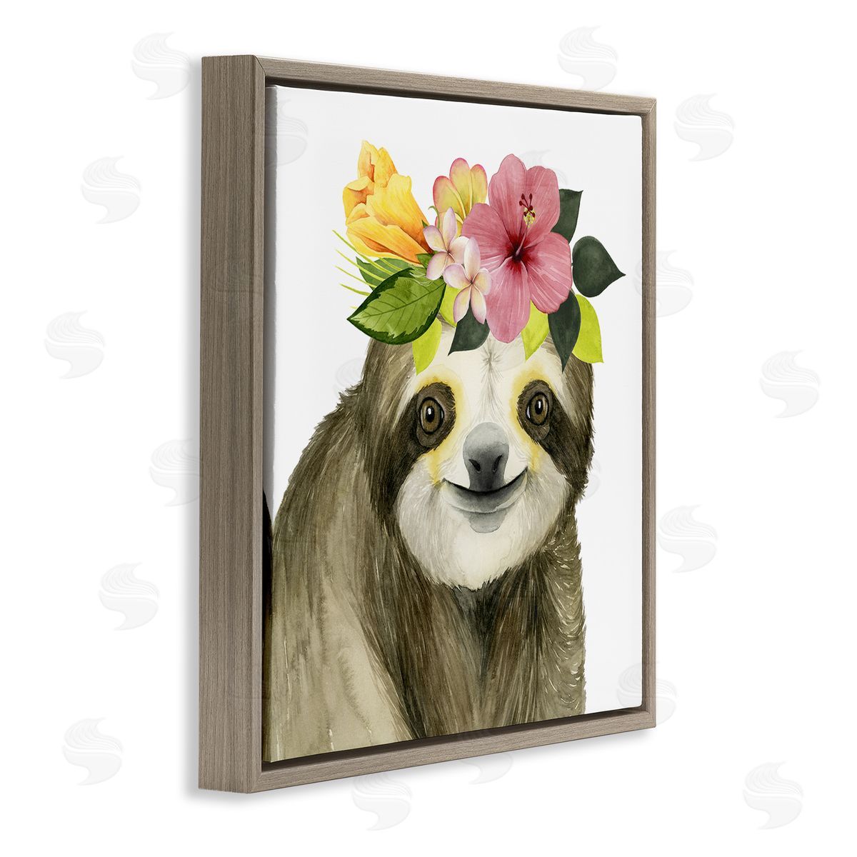 Smiling Sloth in Flower Crown Brown Floating Frame Canvas Wall Art, Home Decor by Grace Popp