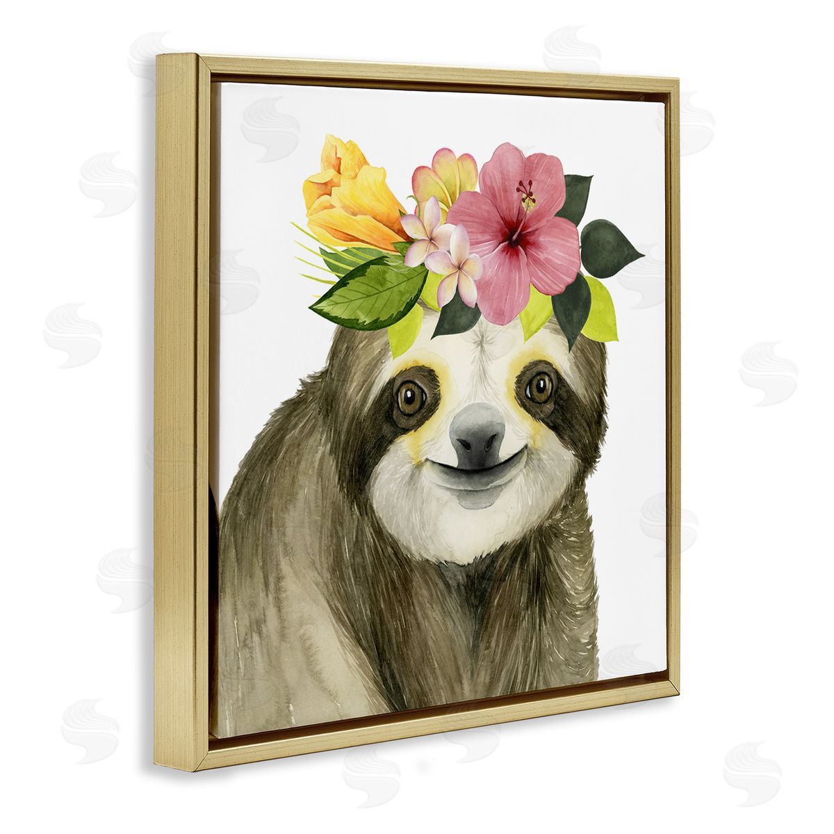 Smiling Sloth in Flower Crown Gold Floating Frame Canvas Wall Art, Home Decor by Grace Popp
