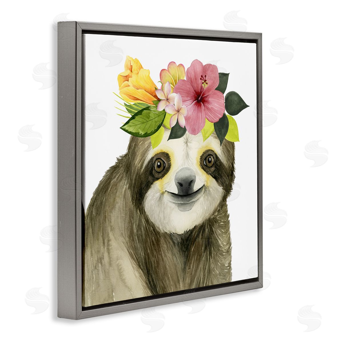 Smiling Sloth in Flower Crown Grey Floating Frame Canvas Wall Art, Home Decor by Grace Popp