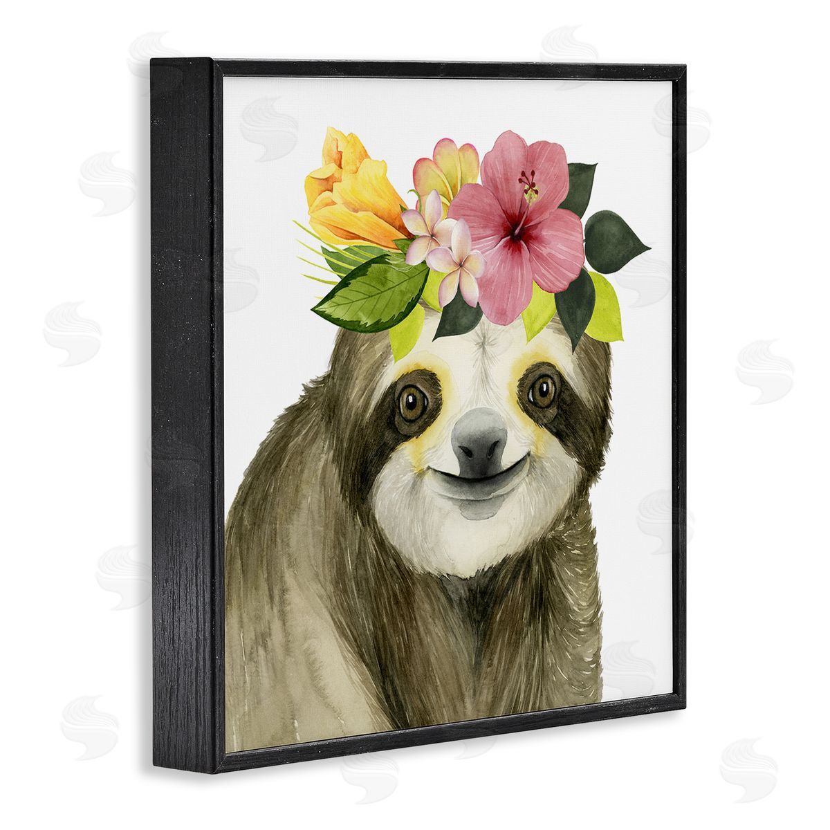 Smiling Sloth in Flower Crown Black Frame Print Wall Art, Home Decor by Grace Popp