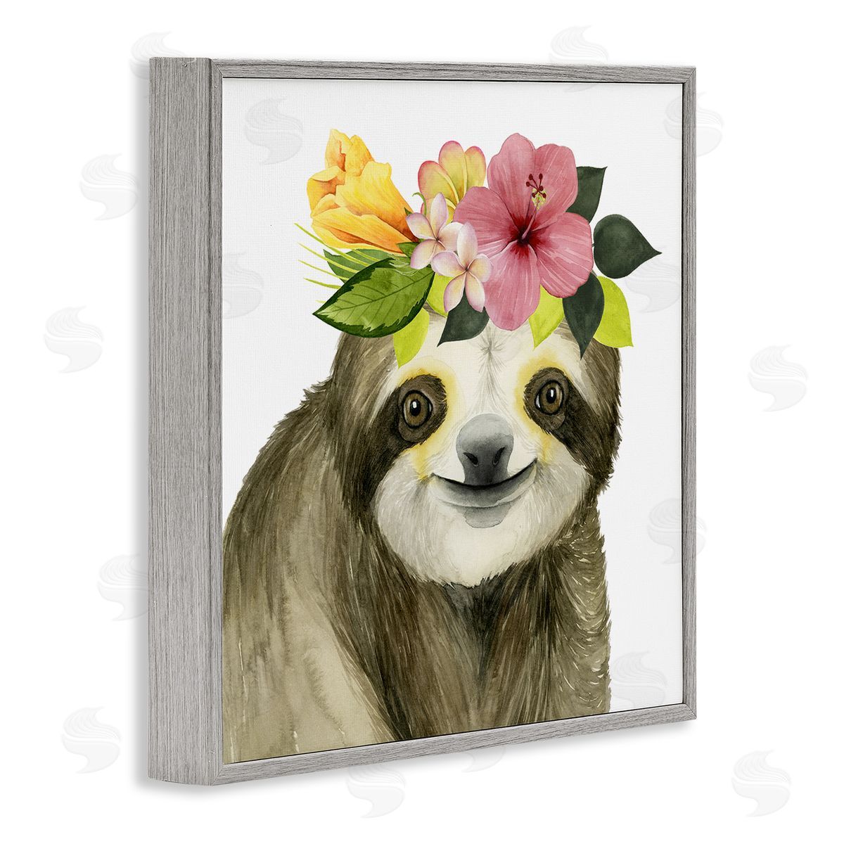 Smiling Sloth in Flower Crown Grey Frame Print Wall Art, Home Decor by Grace Popp