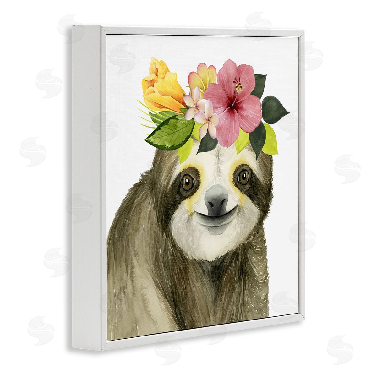 Smiling Sloth in Flower Crown White Frame Print Wall Art, Home Decor by Grace Popp