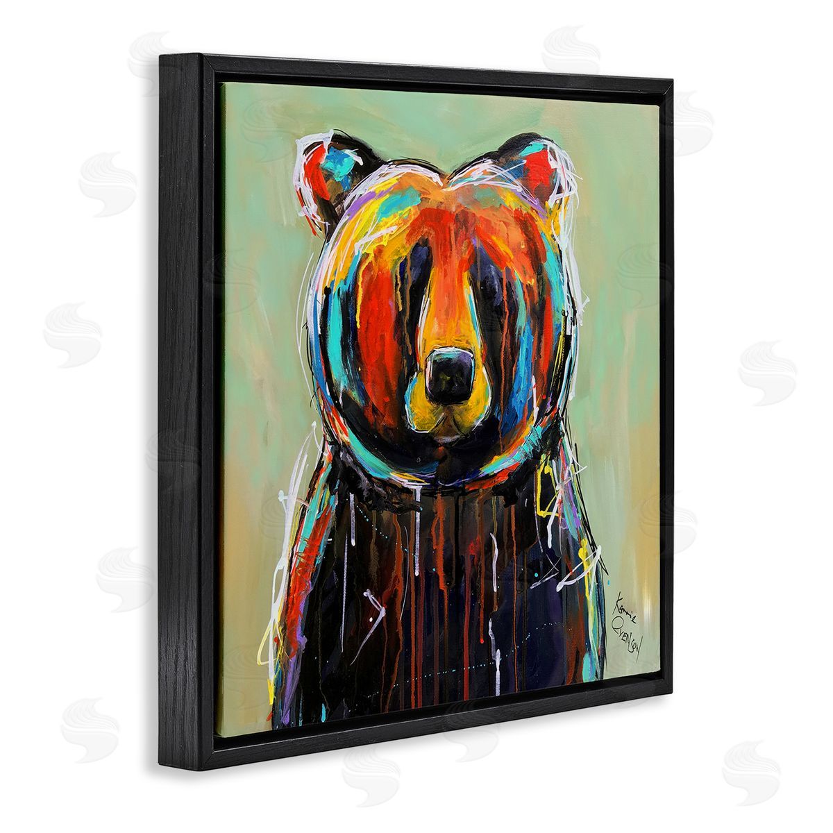 Abstract Colorful Painted Black Bear Black Floating Frame Canvas Wall Art, Home Decor by Karrie Evenson