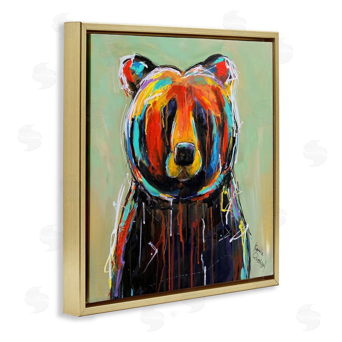 Abstract Colorful Painted Black Bear Gold Floating Frame Canvas Wall Art, Home Decor by Karrie Evenson