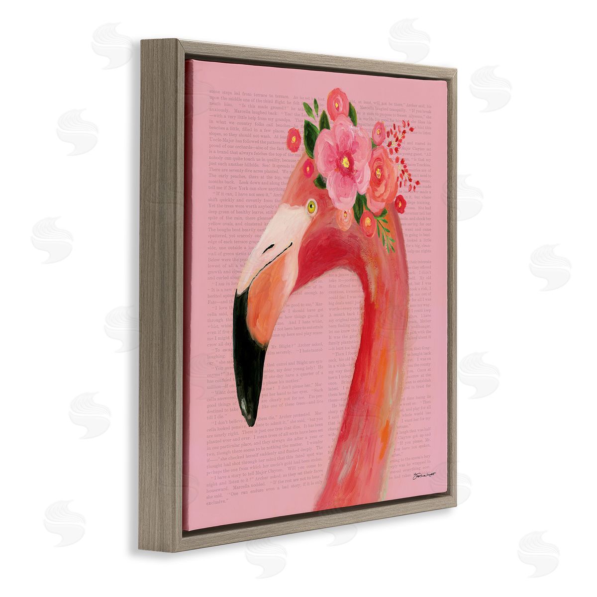Floral Flamingo Pink Portrait Brown Floating Frame Canvas Wall Art, Home Decor by Stephanie Workman Marrott