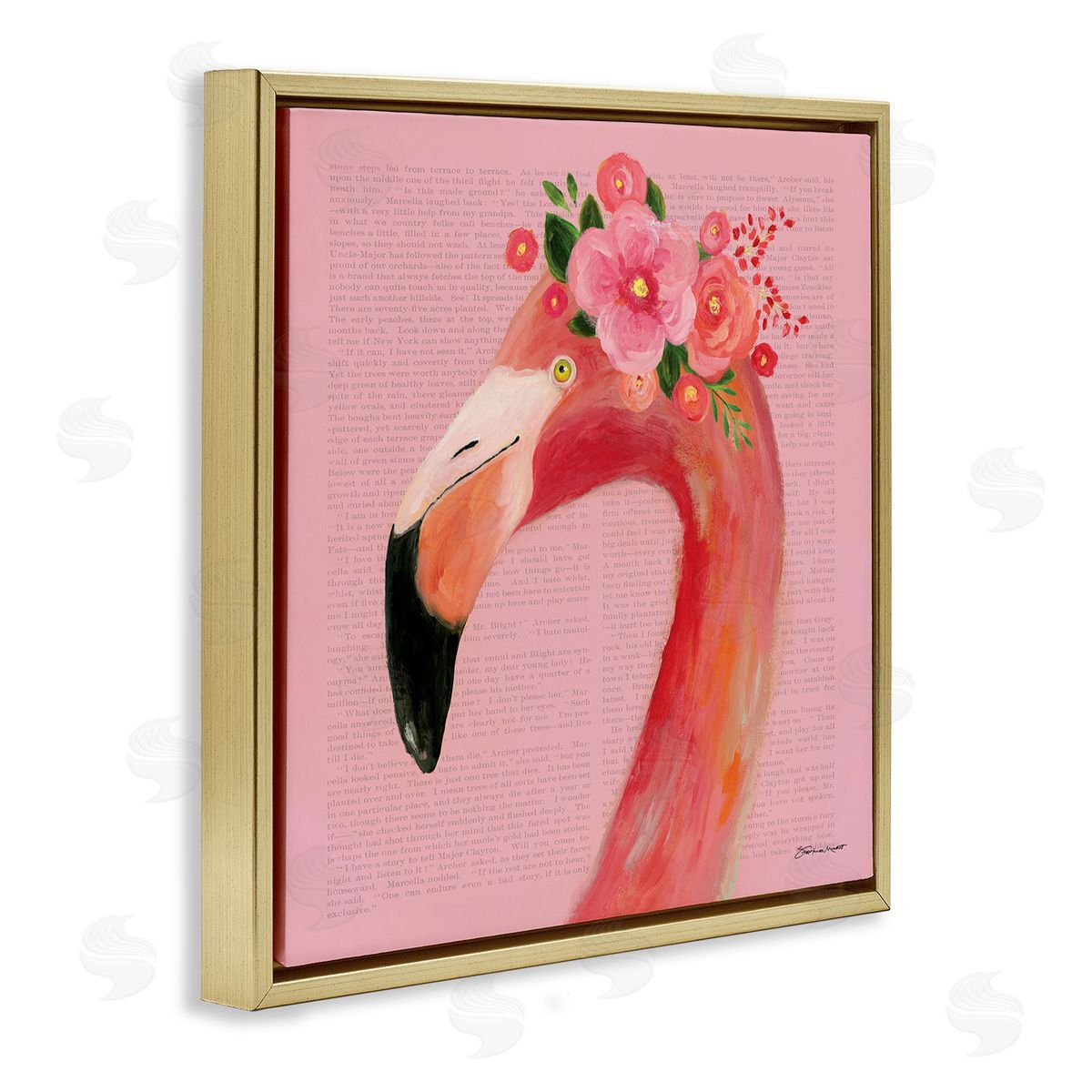 Floral Flamingo Pink Portrait Gold Floating Frame Canvas Wall Art, Home Decor by Stephanie Workman Marrott
