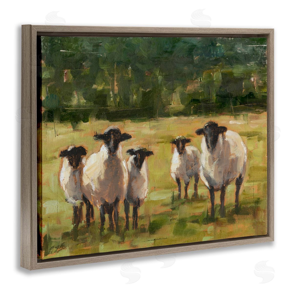 Flock of Sheep Painting Brown Floating Frame Canvas Wall Art, Home Decor by Ethan Harper