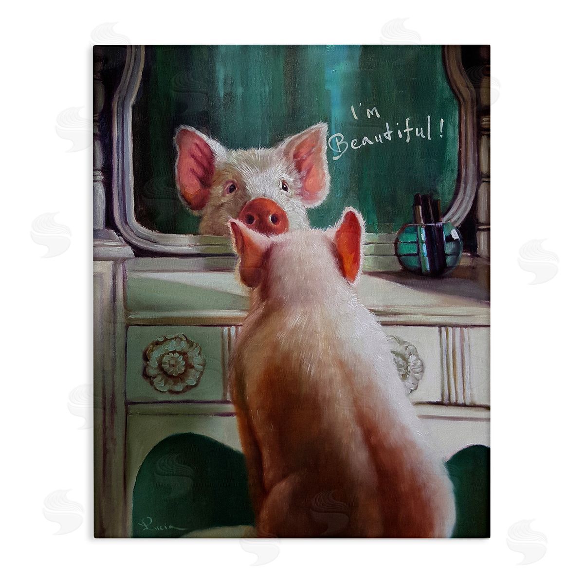 I'm Beautiful Pig in Mirror Canvas Wall Art, Home Decor by Lucia Heffernan