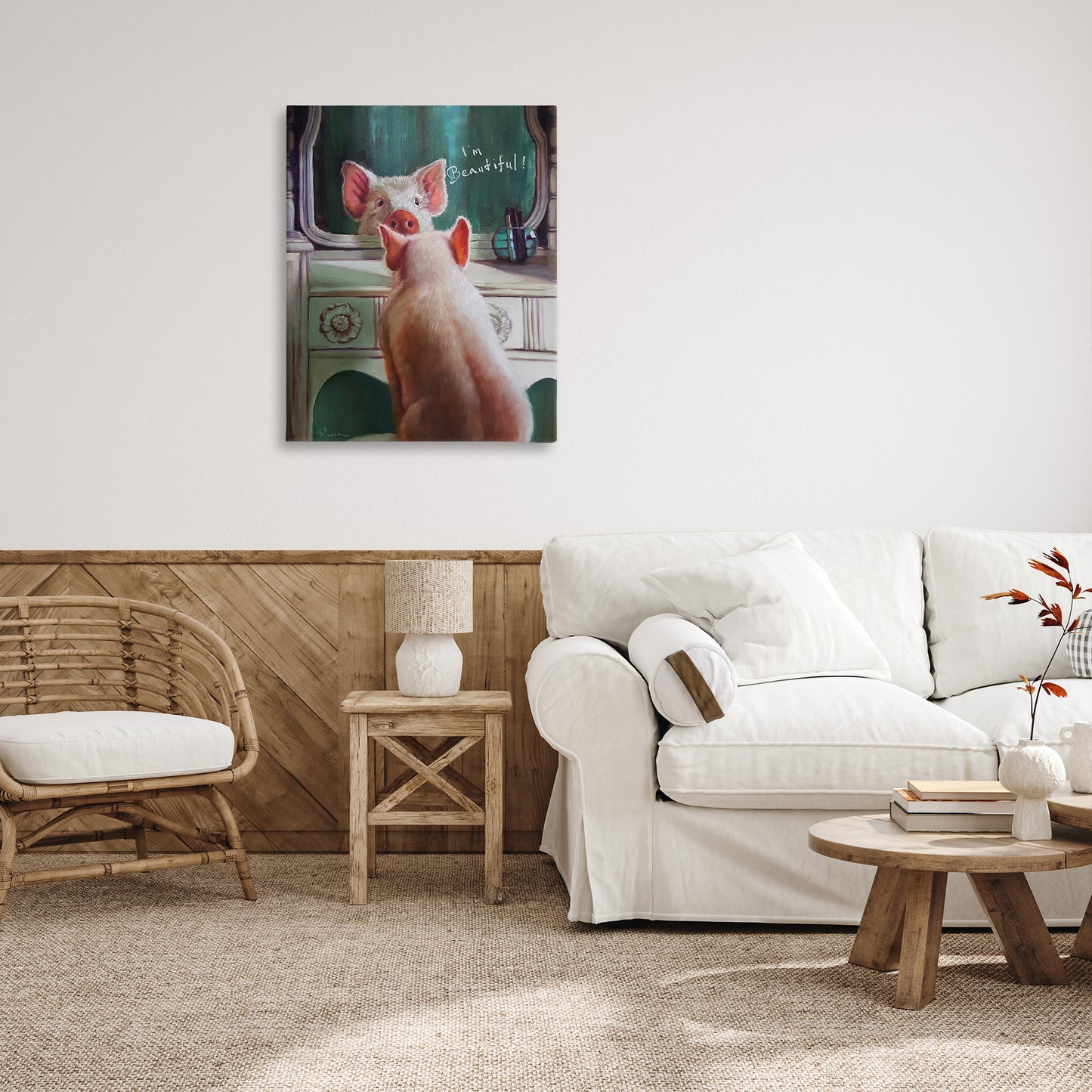 I'm Beautiful Pig in Mirror Canvas Wall Art in Room, Home Decor by Lucia Heffernan