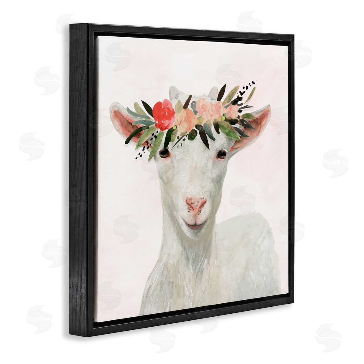 Springtime Flower Crown Baby Goat Black Floating Frame Canvas Wall Art, Home Decor by Victoria Borges