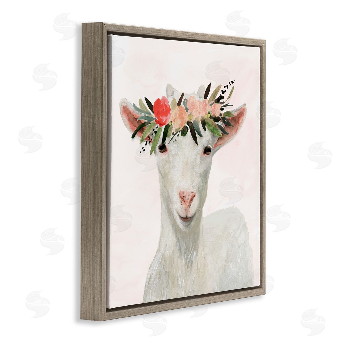 Springtime Flower Crown Baby Goat Brown Floating Frame Canvas Wall Art, Home Decor by Victoria Borges