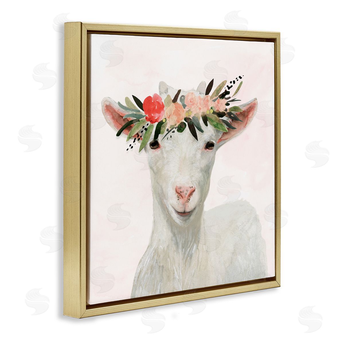 Springtime Flower Crown Baby Goat Gold Floating Frame Canvas Wall Art, Home Decor by Victoria Borges