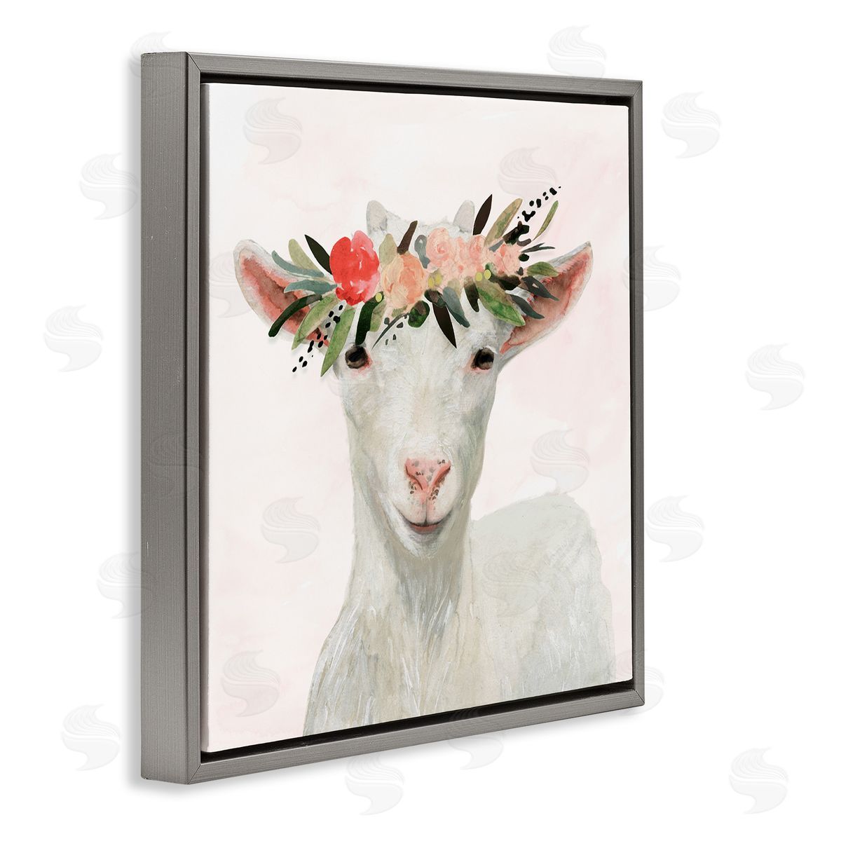 Springtime Flower Crown Baby Goat Grey Floating Frame Canvas Wall Art, Home Decor by Victoria Borges