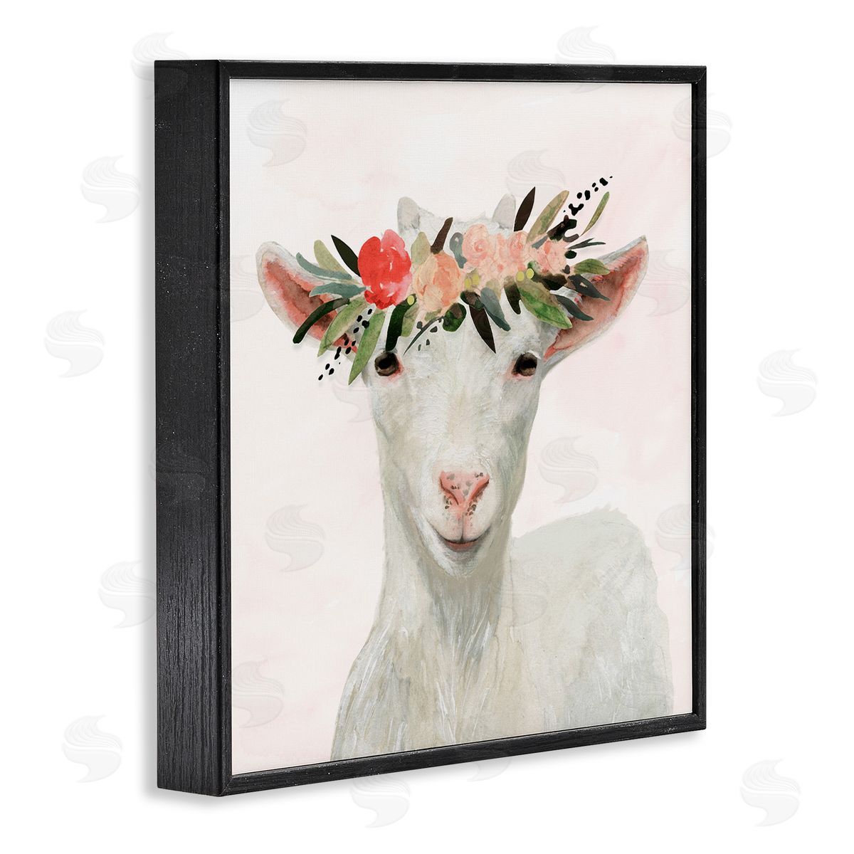 Springtime Flower Crown Baby Goat Black Frame Print Wall Art, Home Decor by Victoria Borges