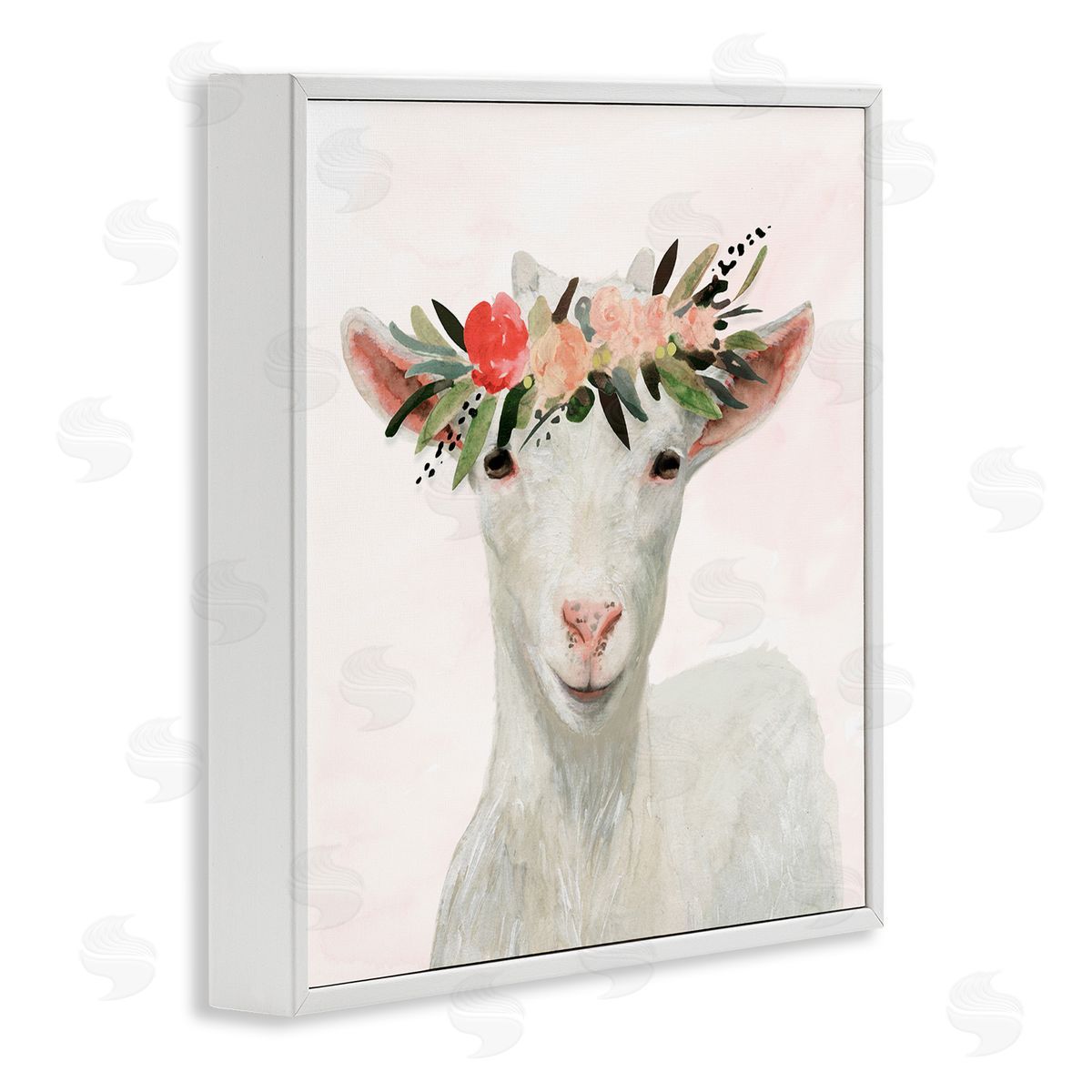 Springtime Flower Crown Baby Goat White Frame Print Wall Art, Home Decor by Victoria Borges