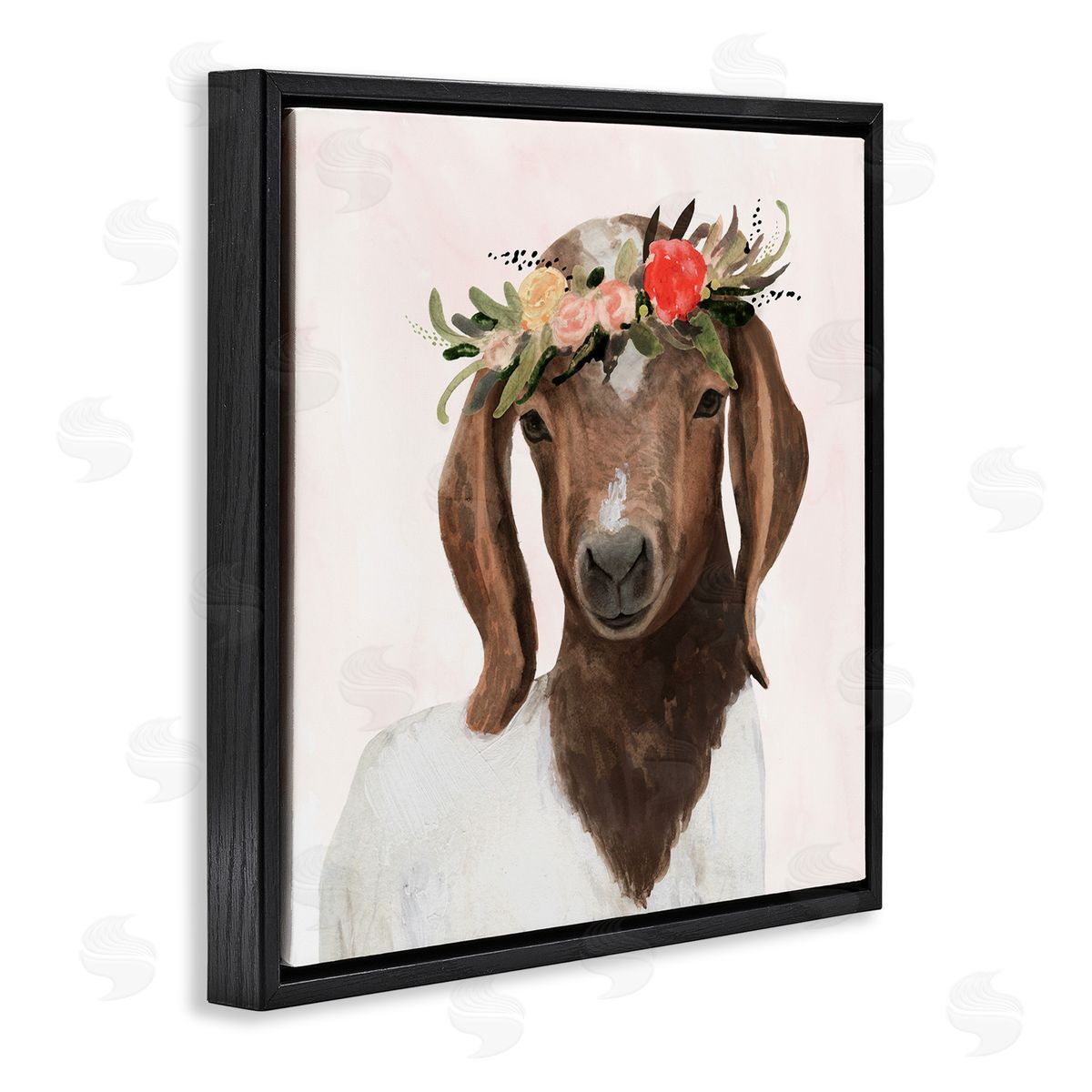 Springtime Flower Crown Long Ear Goat Black Floating Frame Canvas Wall Art, Home Decor by Victoria Borges