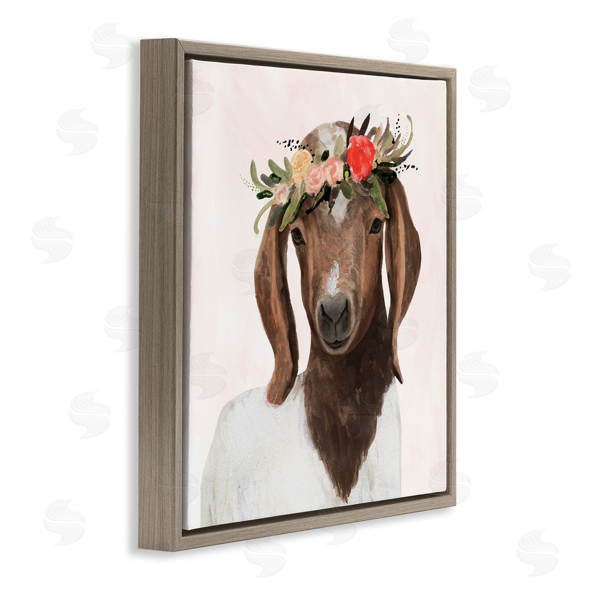Springtime Flower Crown Long Ear Goat Brown Floating Frame Canvas Wall Art, Home Decor by Victoria Borges