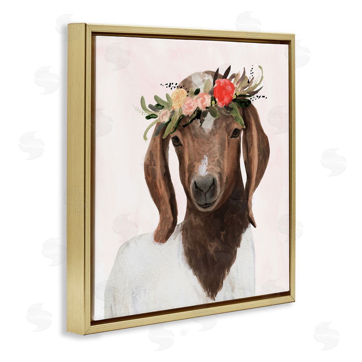 Springtime Flower Crown Long Ear Goat Gold Floating Frame Canvas Wall Art, Home Decor by Victoria Borges