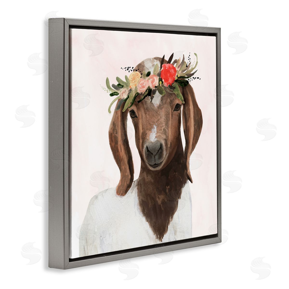 Springtime Flower Crown Long Ear Goat Grey Floating Frame Canvas Wall Art, Home Decor by Victoria Borges