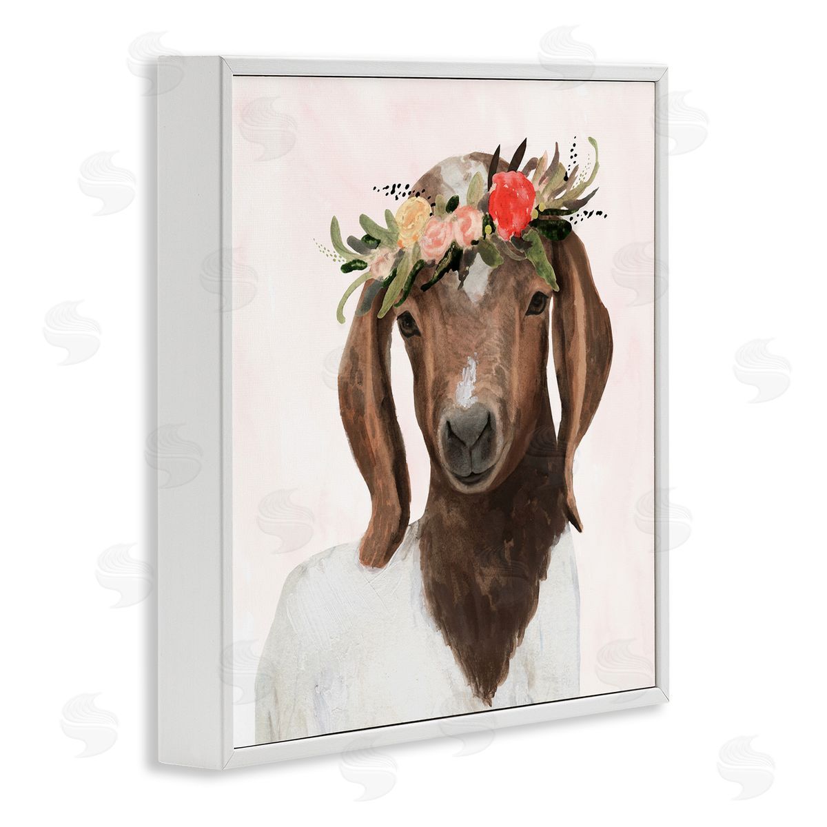 Springtime Flower Crown Long Ear Goat White Frame Print Wall Art, Home Decor by Victoria Borges