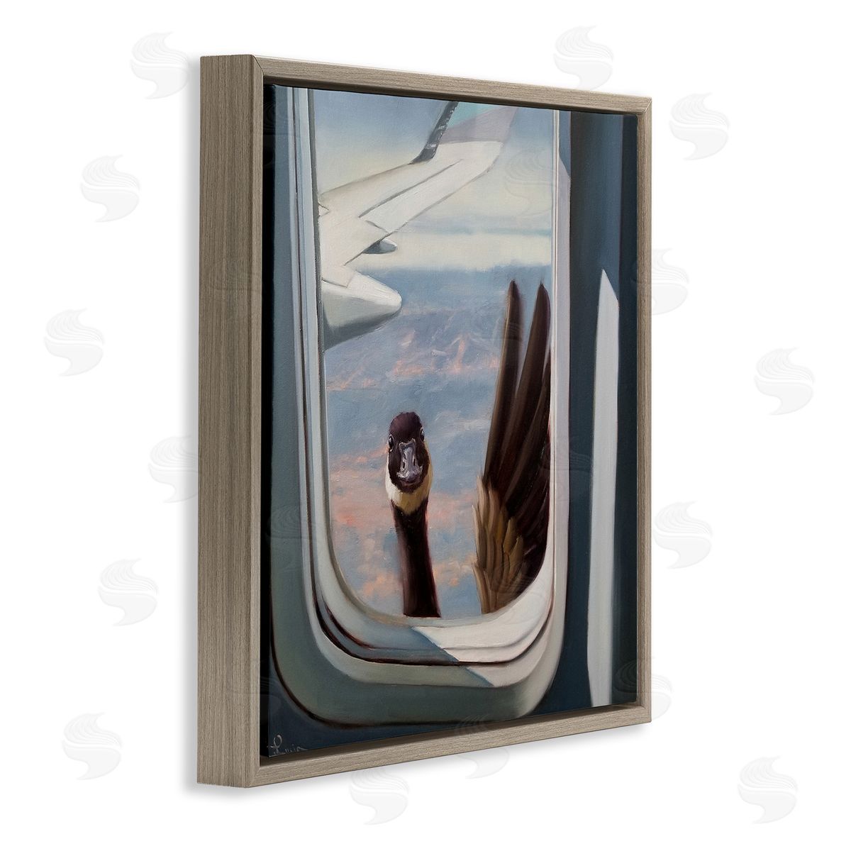 Goose in Airplane Window Scene Brown Floating Frame Canvas Wall Art, Home Decor by Lucia Heffernan