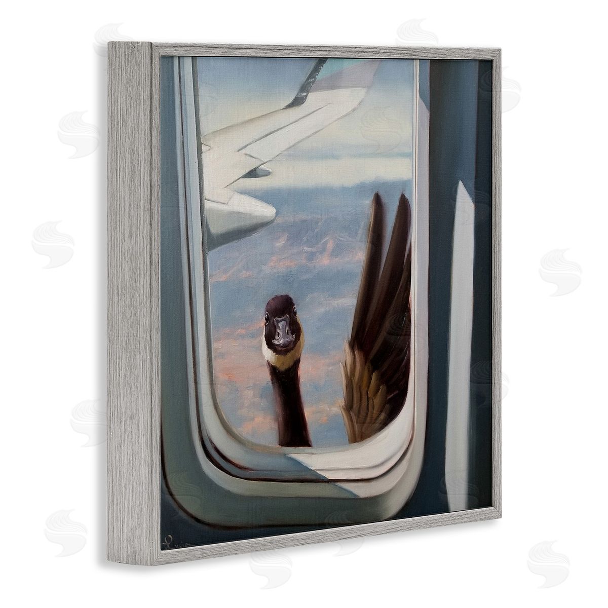 Goose in Airplane Window Scene Grey Frame Print Wall Art, Home Decor by Lucia Heffernan