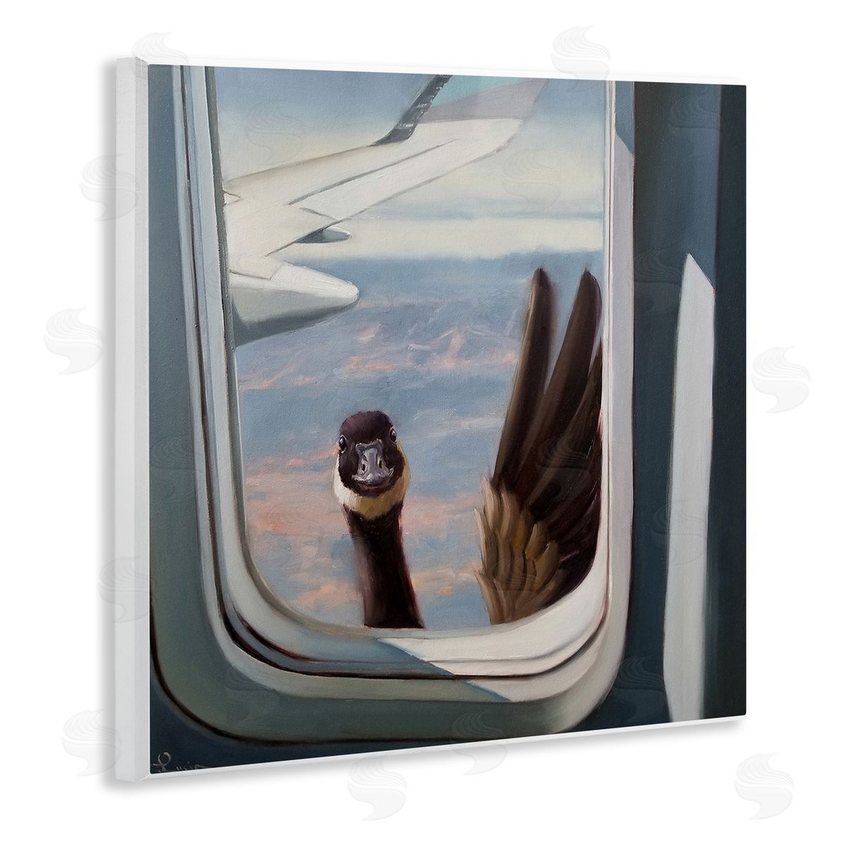 Goose in Airplane Window Scene Wood Plaque Wall Art, Home Decor by Lucia Heffernan