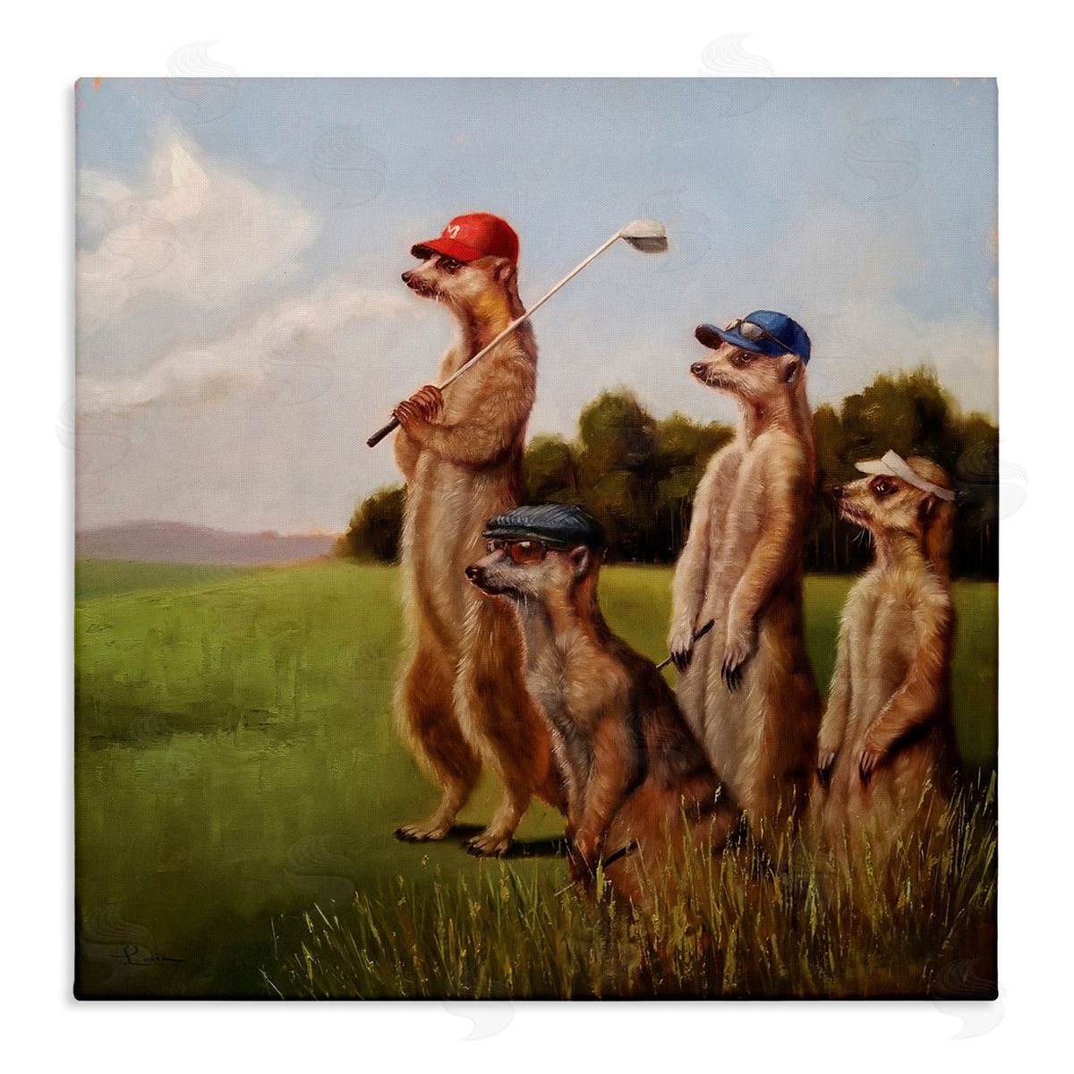 Meerkats Playing Golf Canvas Wall Art, Home Decor by Lucia Heffernan