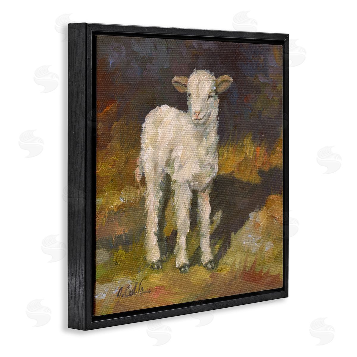 Soft Baby Lamb Painting Black Floating Frame Canvas Wall Art, Home Decor by Jerry Cable