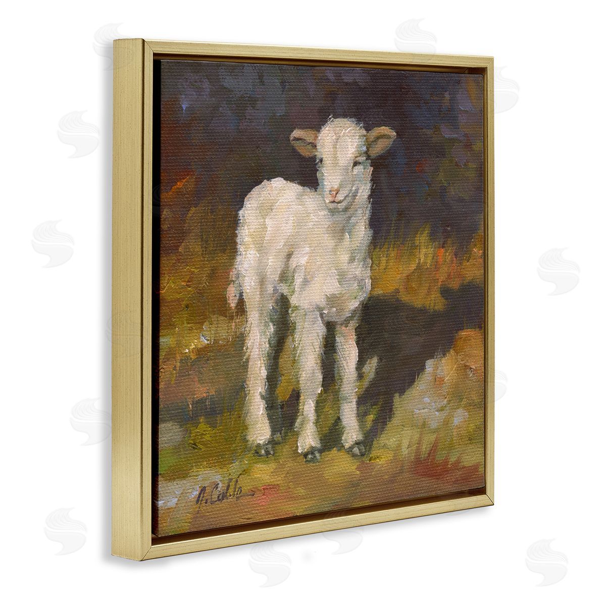Soft Baby Lamb Painting Gold Floating Frame Canvas Wall Art, Home Decor by Jerry Cable