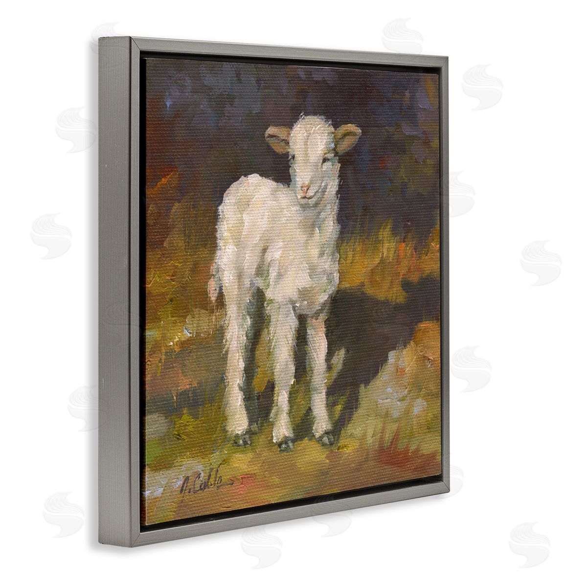 Soft Baby Lamb Painting Grey Floating Frame Canvas Wall Art, Home Decor by Jerry Cable